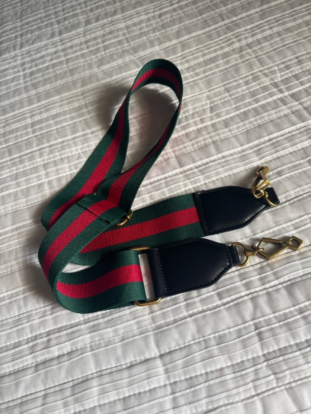 Green and Red Webbing Strap with Gold Hardware
